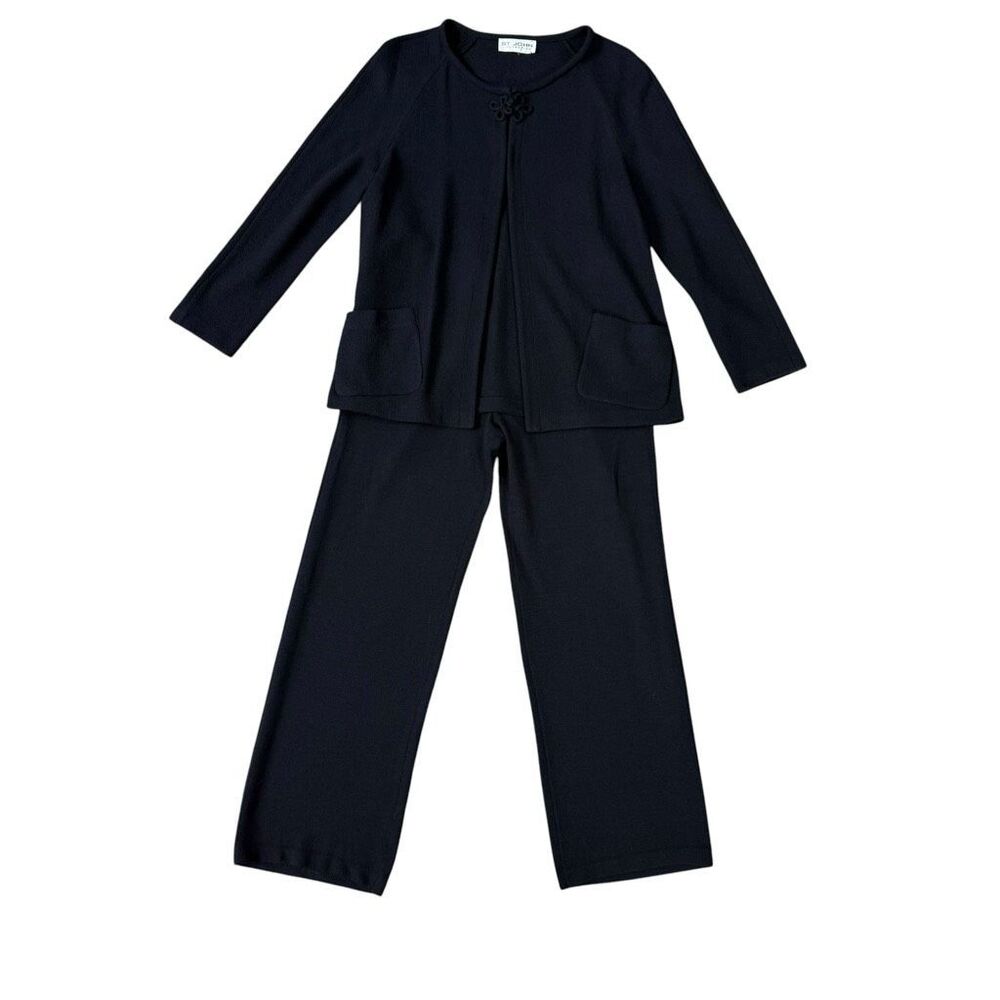 St. John Black Santana Knit 2-Piece Pant Suit Jacket Set Wool Rayon Size M/L